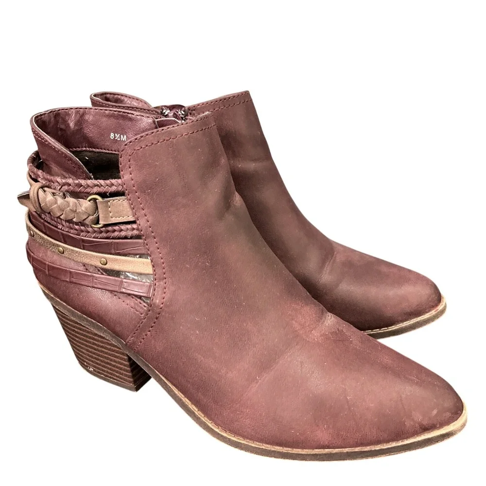 Maurices Womens Sz 8.5 Ankle Boots Brown Red Point Toe Western Braided Strap